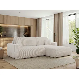 MKS Meble Ecksofa OVO mit Schlaffunktion und Bettkasten, Beige Cord, L-form Couch, 4-Sitzer Ecksofa, 271x195x95 cm - Rechts Seite - Beige