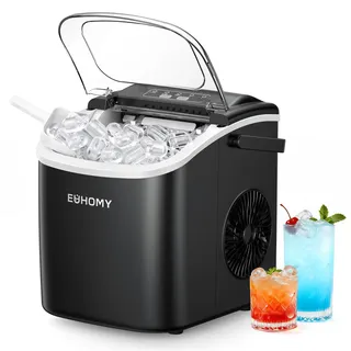 euhomy Eiswürfelmaschine Klein, 12KG Eiswürfelbereiter Ice Maker, 9 Würfel in 6 Minuten fertig, Schwarz Eiswürfelmaschine mit Tragbarem Griff, 12KG/24H, Selbstreinigendes Eiswürfelmaschinen
