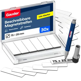 GAUDER Magnetetiketten beschreibbar - Wiederverwendbare Magnetschilder zum Beschriften für Whiteboard, Tafel, Kanban-Board und Kühlschrank - Magnetkarten mit Marker (30 Stück - 75 x 25 mm)