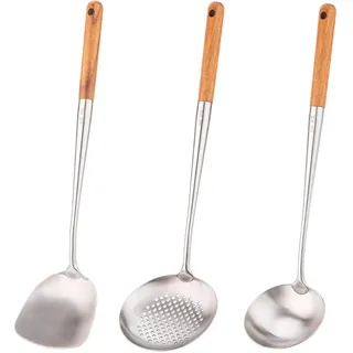 FJNATINH Wok-Pfannenwender und Schöpflöffel, Werkzeugset, 43,2 cm, Pfannenwender für Wok, 304 Edelstahl