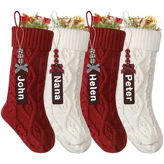 SOMYTING Weihnachtsstrumpf Personalisiert Gestrickte Strümpfe 18” Großer gestrickter Nikolausstrumpf mit Namensschildern Xmas Strümpfe für Party Weihnachten Deko (2 Rot + 2 Weiß)