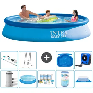 Intex runder aufblasbarer Easy Set-Schwimmpool – 366 x 76 cm – Blau – inklusive Pumpe Sonnensegel - Wartungspaket - Filter - Bodenplane - Staubsauger - Leiter