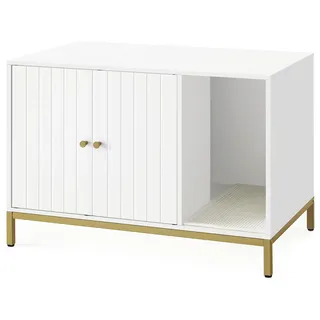 Songmics Feandrea Katzenklo-Schrank, Katzenhaus, Katzentoilette, mit Kratzmatte, hohe Beine, für Katzen, Beistelltisch, 80 x 50 x 55 cm, weiß-goldfarben PCL007W01