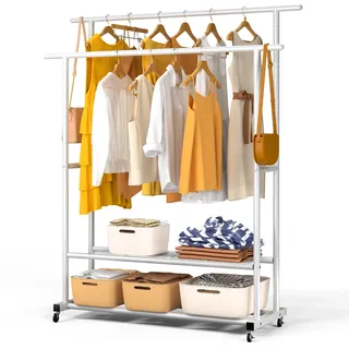 VOUNOT® Kleiderständer auf Rollen, Kleiderstange Doppelt, Garderobenständer Metall mit 2 Aufbewahrungsablagen, Stabil, Schwerlast, für Schlafzimmer Flur Ankleidezimmer, 121x40x147cm Weiß