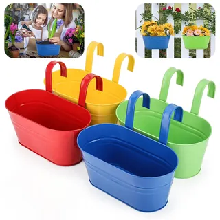 GIOVARA Metall-Blumentöpfe zum Aufhängen, 4 Stück, bunt, 27,5 cm, großer Garten-Übertopf mit abnehmbarem Haken