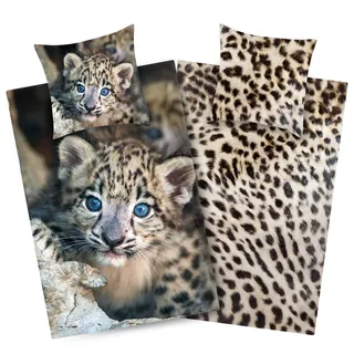 Aminata kids Leoparden Bettwäsche 135x200 - Wendebettwäsche Mikrofaser Mädchen und Jungen - Tiermotiv Bettwäsche Set - Bügelfrei - vorteilhaft für Allergiker