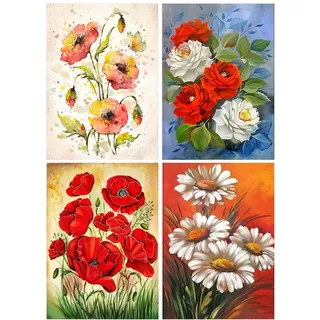 Diamond Painting Bilder 4 Pack 30x40 cm DIY 5D Diamond Painting Paris Malen Nach Zahlen Erwachsene Kinder Diamond Painting Blumen Mohnblume Diamant Mosaik für Geschenk Home Wall Décor Landschaft