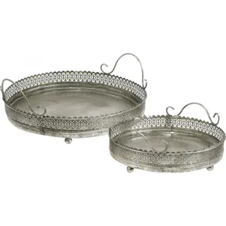 Vintage-Tablett-Set Silbern, Dekotablett Rund, Kerzentablett Antik-Look, Metall Orientalisch, 2 Größen - Silber