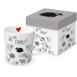 PPD Kaffeebecher Schafe, We are Family, Henkelbecher Bauernhoftier Tier Tasse Schaf, Porzellan, 0.35 Liter, Klassiker, Rund, Zylinder, Zuhause