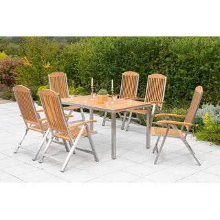 Garten-Essgruppe MERXX "Keros", braun, B:60cm H:118cm T:105cm, Edelstahl, FSC-zertifiziertes Massivholz, Sitzmöbel-Sets, Garten-Essgruppe, 6 Klappsessel mit Tisch