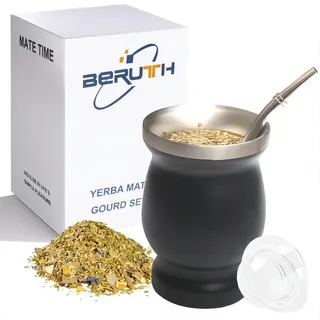 Beruth Yerba Mate Tee Set (Mate Becher), Edelstahl-Teetassen-Set mit einem multifunktionalen Deckel, zwei Trinkhalmen und Reinigungsbürsten, Wärmeisolierung, Verbrühungsschutz (schwarz)