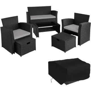 tectake Rattan Sitzgruppe Modena, inklusive Staufach und Schutzhülle, schwarz/grau , Schwarz, Grau , Kunststoff , Rechteckig , Gartenmöbel, Gartengarnituren, Gartenmöbel-Sets