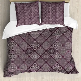 ABAKUHAUS Mandala Bettbezug, Rahmen Vintage-Oriental, Milbensicher Allergiker geeignet mit Kissenbezügen, 155 cm x 220 cm - 80 x 80 cm, Auberginen-Weiß