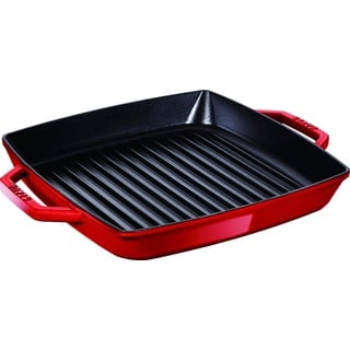 Staub Gusseisen Grillpfanne mit zwei Griffen, Quadratisch, 23 cm, Für alle Herdarten inkl. Induktion & Backofen, Kirschrot