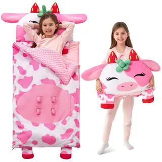 JOIEDOMI Erdbeerkuh 60" x 39" Schlafsack für Kopfkissen Reißverschluss mit Kissen und Decke–Kinder ab 3 Jahren – Kinderschlafsack – für Jungen und Mädchen im Kindergarten
