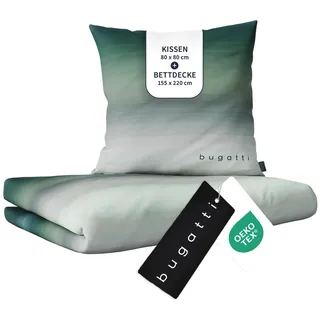 bugatti Bettwäsche 100% Baumwolle 155x220 cm grün & grau - Mako Satin | 2-teiliges Set inkl. Kissenbezug 80x80 cm, anschmiegsames & waschbares Bettwäsche-Set mit Reißverschluss, OEKO-TEX® geprüft