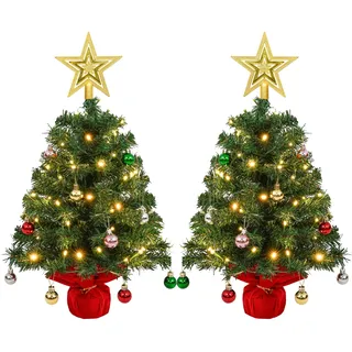 Uten 2 pcs Mini Weihnachtsbaum, 60 cm Kleiner Tannenbaum für den Schreibtisch mit 50 LED Lichterketten, Sterne und 56 Weihnachtskugeln für Büro, Wohnzimmer, Fensterbank Weihnachtsdekoration