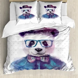 ABAKUHAUS Komisch Bettbezug, Hipster Panda mit Krawatte, Milbensicher Allergiker geeignet mit Kissenbezügen, 200 cm x 200 cm - 80 x 80 cm, Schwarz Blau - Blau