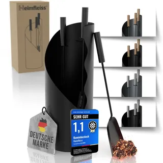 Heimfleiss® Kaminbesteck Schwarz Modern inkl. Schürhaken, Besen & Schaufel | Ofenbesteck Set aus Schwerlaststahl mit Edelstahlgriffen | Kaminofen Besteck Schwarz | Kamingarnitur für Ofen | Kaminzubehör