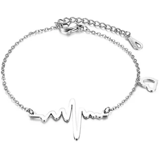 JewelryWe Schmuck Damen Armband Edelstahl Herzschlag EKG Herz Charmsarmband Armkette Fußkettchen für Frau Mädchen, Silber