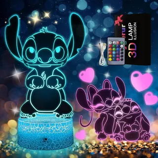 Eygerur 2 Stück Stitch Lampe, Lilo und Stitch Geschenke, 3D LED Illusion 16 Farben Stitch Nachtlicht USB Smart Touch Fernbedienung Tischlampe Stitch Licht für Kinderzimmer Dekoration Urlaub Geschenke