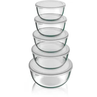 Arendo - Salatschüssel aus Glas mit Deckel - Glasschüssel 5er Set - 1000ml + 1500ml + 2000ml + 2700ml + 4400ml – Rührschüsseln klein bis groß – Borosilikatglas - Glasschale Salatglasschale