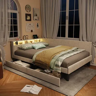 UnboxG Doppelbett 140×200 cm, beige, Samtstoff, mit 2 Schubladen, LED & USB/Type-C Ladeanschluss, Bettkopfteil mit Stauraum, verstellbar / Staubett / Aufbewahrungsbett - Beige