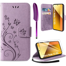 AROYI Lederhülle Kompatibel mit Xiaomi Redmi Note 13 5G(Nicht für 4G) Hülle und Schutzfolie,Wallet Handyhülle Leder Tasche Kartensteckplätzen Schutzhülle Kompatibel mit Xiaomi Redmi Note 13 5G Lila