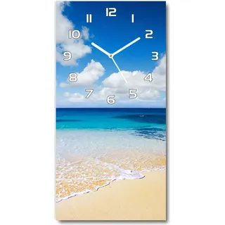 Wanduhr aus Glas – 30x60 cm - Glasbild - Glasuhr - Gehärtetes Glas -Tropischer Strand - Blau