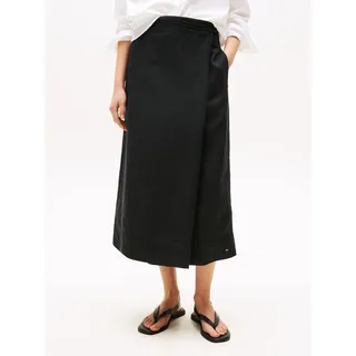 Wickelrock TOMMY HILFIGER "ESS LINEN KNEE WRAP SKIRT", Damen, Gr. 42, schwarz, Web, Obermaterial: 76% Leinen, 24% Lyocell, unifarben, regular fit wadenlang, Röcke Wickelrock, mit Leinen