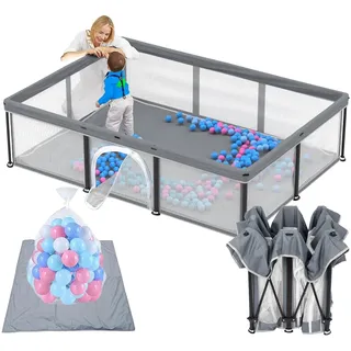 Laufstall Baby mit Matratze, Indoor & Outdoor Laufgitter Baby, Laufstall Baby Faltbar, Laufstall (Grau, 180 * 127)