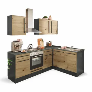 Stella Trading Jazz 8 Moderne Eckküche mit Elektrogeräten in Anthrazit, Artisan Eiche Optik - Geräumige Küchenzeile in L-Form mit viel Stauraum - 220 x 211 x 60 cm (B/H/T)