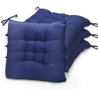 Unyqoos® 4er-Set Stuhlkissen 40 x 40 x 5 cm – atmungsaktives Polyester, parelkatoen-Füllung, rutschfeste Bänder, waschbar 30 °C, für innen & außen - Blau