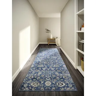 Villeroy & Boch Teppich »Ernest« rechteckig 11 mm Höhe Läufer, Orientalisch in einem Vintage-Look, Wohnzimmer, Kurzflor Villeroy & Klassischer Wohnzimmerteppich : Traditioneller Teppich für Schlafzimmer, Esszimmer, Flur, Küche – Blau Creme, 80x240cm