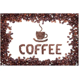 Wallario Outdoor-Poster für Garten oder Balkon, Motiv Kaffee Schrift aus Kaffeebohnen, in ca. 80 x 120 cm - Weiß