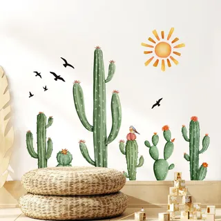 Supzone Wandtattoo Kaktus Groß Wandaufkleber Boho Pflanzen Tropische Kakteen Grüne mit Sonne und Vögeln Wandsticker für Kinderzimmer Wohnzimmer Schlafzimmer Küche Sofa TV Hintergrund Wanddeko
