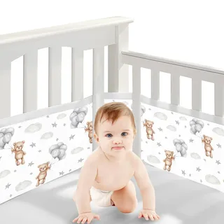 Bizcasa Bettumrandung Babybett,2 Stück Bettumrandung Nestchen Breathable 4-Seitiges Netzfutter für Kinderbetten-Verstellbar,Abnehmbar -340cmx30cm + 160cmx30cm (Bear Balloon)