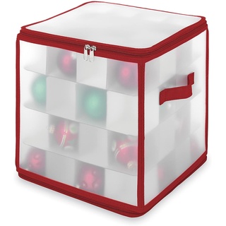 KD Essentials Weihnachtskugel-Box, Aufbewahrung/Sortierbox/Kiste für Weihnachtsbaum-Kugeln und anderen Christbaum-Schmuck – 27 Liter Inhalt für 64 Kugeln – faltbar, verschließbar, rot und weiß