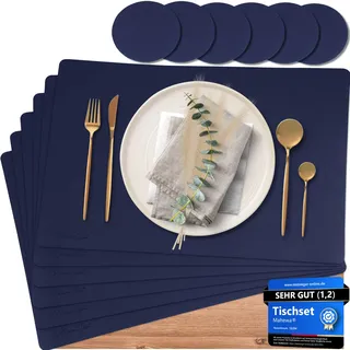Mahewa® 6er Set Premium Tischset aus Kunstleder - Platzset abwaschbar und wasserdicht - Platzdeckchen Telleruntersetzer in Lederoptik (Dunkelblau, Eckig)