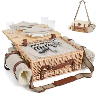 SatisInside Multifunktionales Picknickkorb-Set aus Weidengeflecht für 4 Personen mit Decke und Picknicktisch, isoliertes Picknick-Set mit vollem Geschirr für Camping, Outdoor-Paare, Natur