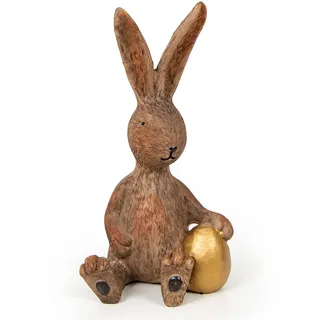 Dekofigur Osterhase Sitzend: Hasen-Deko Ostern & Frühling, Osterdeko Figur, Dekohase mit Osterei, Osterdekoration Tisch & Fensterbank, Osterhasen Frühlingsdeko, Dekohase Braun & Gold, 17 x 9 x 8 cm