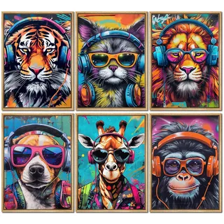 Bunte Graffiti-Tiere auf Leinwand, Wandkunst, Gamer, Kopfhörer, Tier-Poster, Löwe, Tiger, Katze, Hund, Orang-Utan, Giraffe, flippige Gemälde, Bilder, Pop-Art-Wanddekoration für Teenager, Jungen,