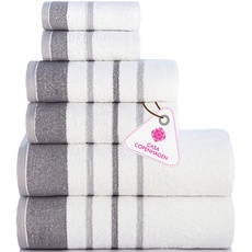 Casa Copenhagen White Bay-Handtuch aus 600 g/m2 ägyptischer Baumwolle für Hotel, Spa, Küche und Bad, 6-teiliges Set mit 2 Bädern, 2 Händen, 2 Waschlappen – Weiß mit dunkelgrau-hell