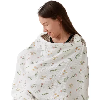 TILLYOU Stilltuch für Unterwegs 70x100 cm Musselin Stillschürze Stillschal 100% Baumwolle Nursing Cover Breastfeeding Cover, Blumig