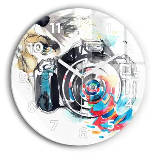 Wallfluent Große Wanduhr – Stilles Quarzuhrwerk - Uhr Dekoration Wohnzimmer Schlafzimmer Küche - Zifferblatt - weiße Zeiger - 60 cm - Fotografin - Blau