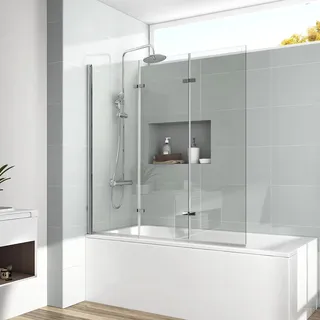 EMKE Duschtrennwand für Badewanne 120x140 cm, Duschwand für Badewannen-Faltbar Faltwand Duschabtrennung Badewannenaufsatz 3 teilig 6 mm Sicherheitsglas Duschwand Badewanne-Badewannenfaltwand