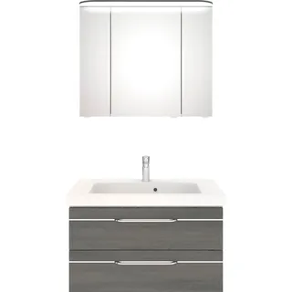 Saphir Badmöbel-Set "Balto Sprint 2-teilig, Mineralmarmor-Waschtisch mit LED-Spiegelschrank" 2 Stk. tlg., graphit struktur quer nachbildung