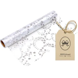 100%Mosel Organza Tischläufer Sterne, in Silber/Metallic (28 cm x 5 m)