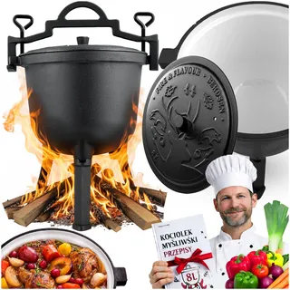 Berdsen Gusseisen Topf 8 L Dutch Oven - Emailierter Feuertopf für Lagerfeuer und Grill - gleichmäßiges Garen ohne Anhaften - mit 3 Beinen und Aufhängebügel - inkl. Rezeptbuch - Schwarz