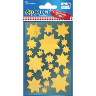 Avery Zweckform 42 Aufkleber Weihnachten Sterne gold (Made in Germany, Weihnachtssticker Glanzpapier, selbstklebende Weihnachtdeko für Karten, Geschenke, Tüten) 2 Bogen/je 21 Sternsticker, 52807